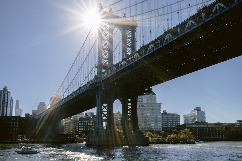 a bridge over water with buildings in the background