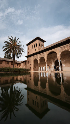 a building with a tower and a palm tree in front of it