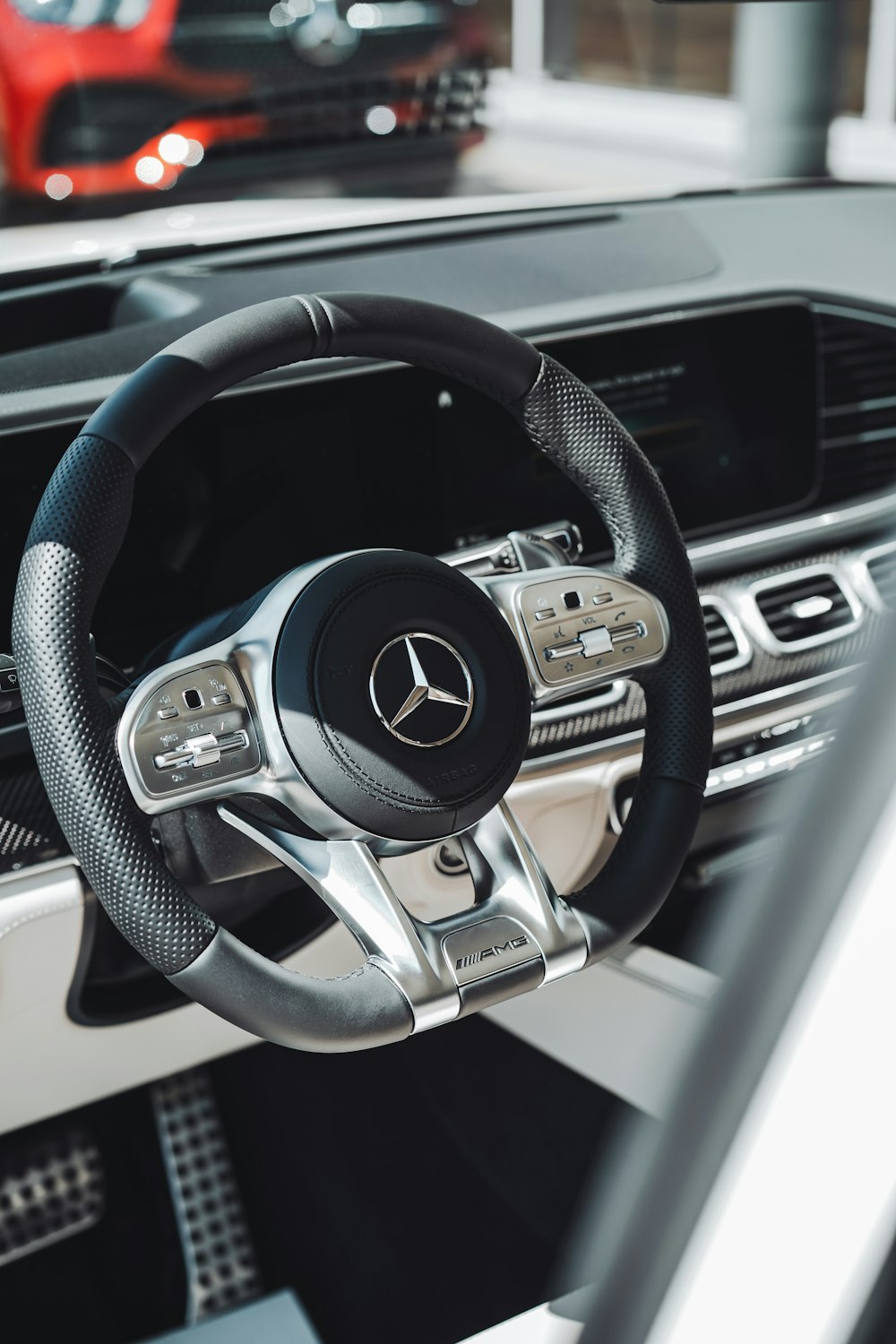 a steering wheel and dashboard of a car