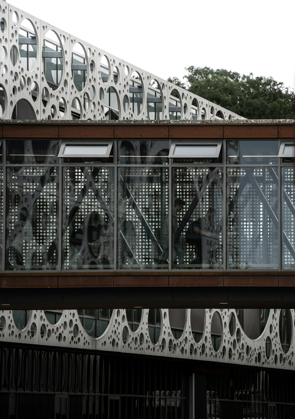 a group of people standing in a window of a building