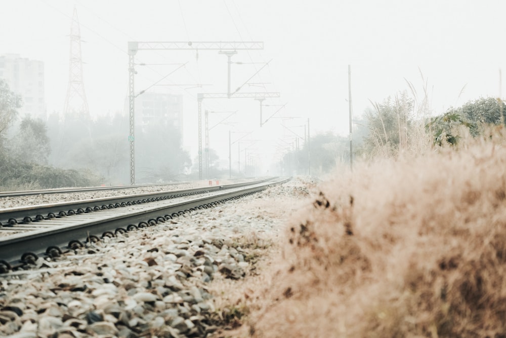 train tracks with power lines on the side