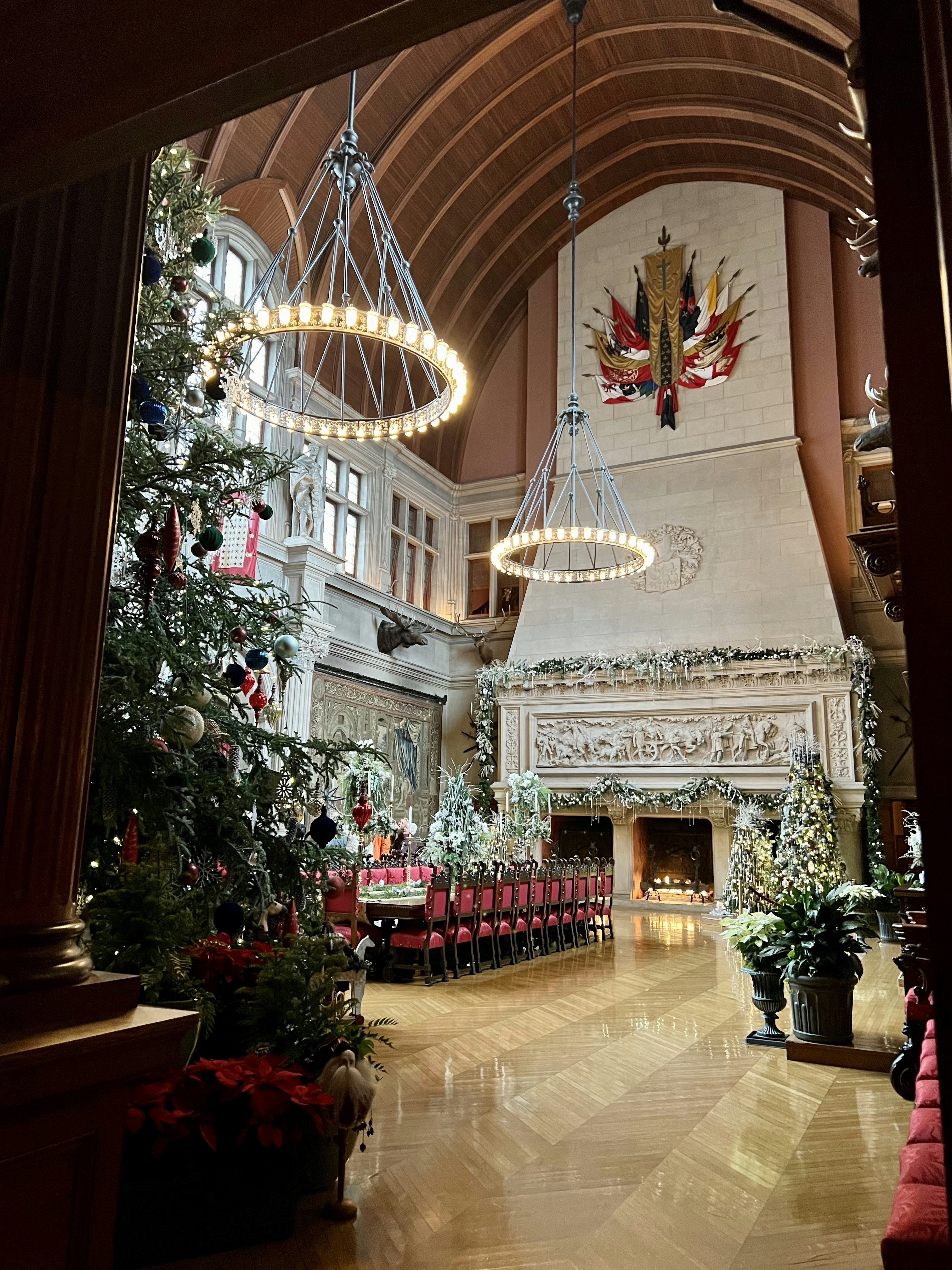 a large church with a christmas tree