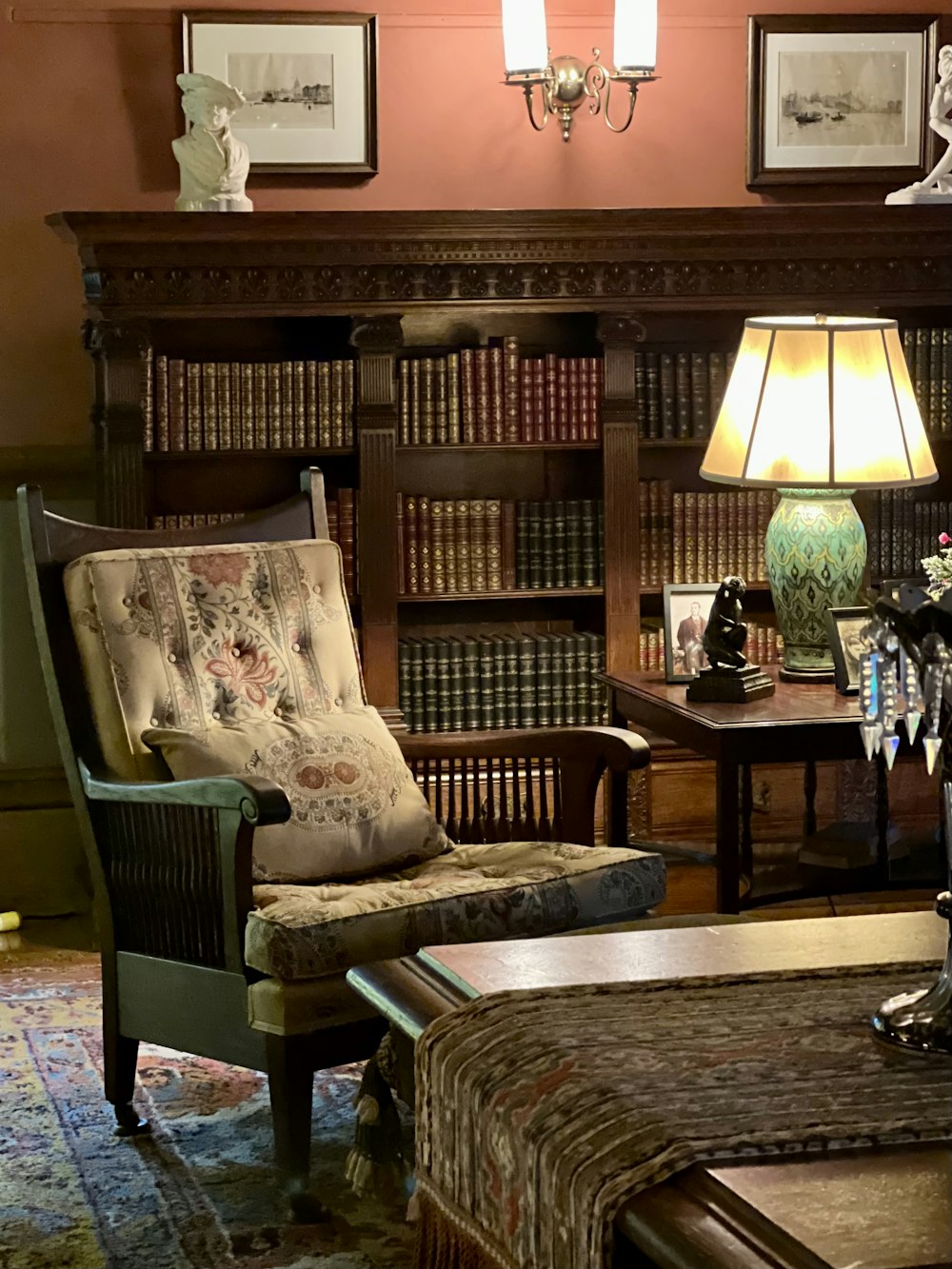 a living room with a green chair