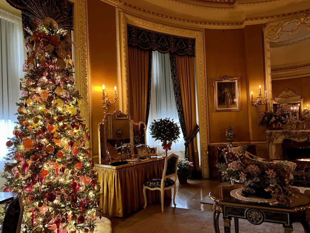 a christmas tree in a room