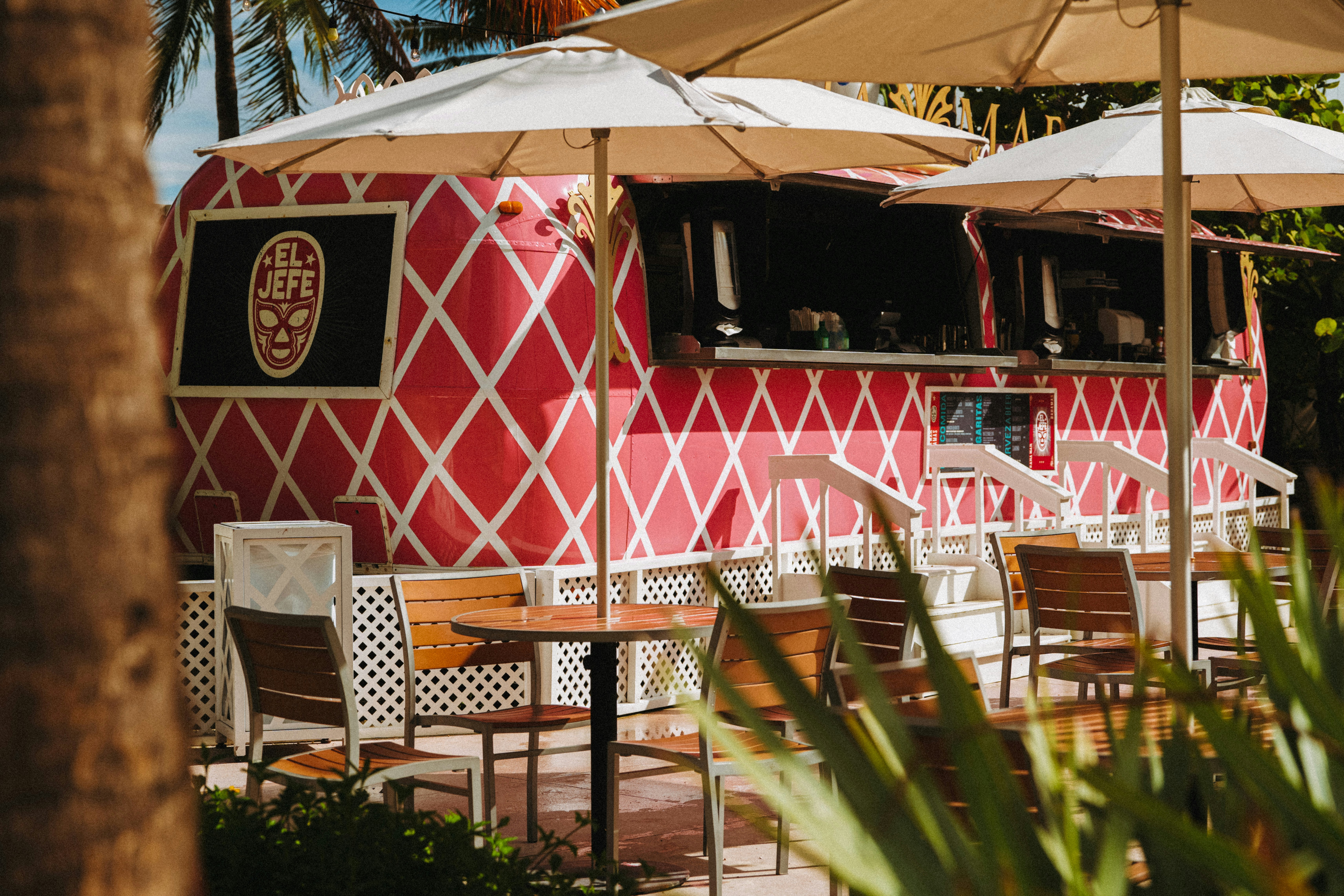 a restaurant with umbrellas