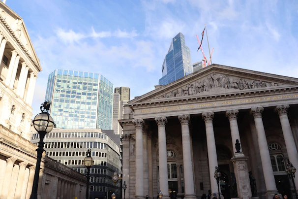 a building with columns and a flag