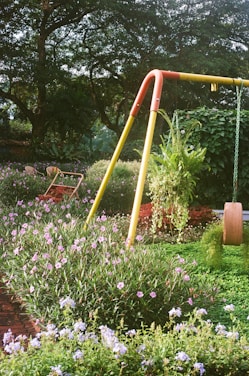 a swing set in a garden