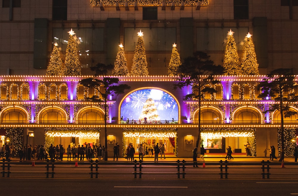 a building with christmas lights