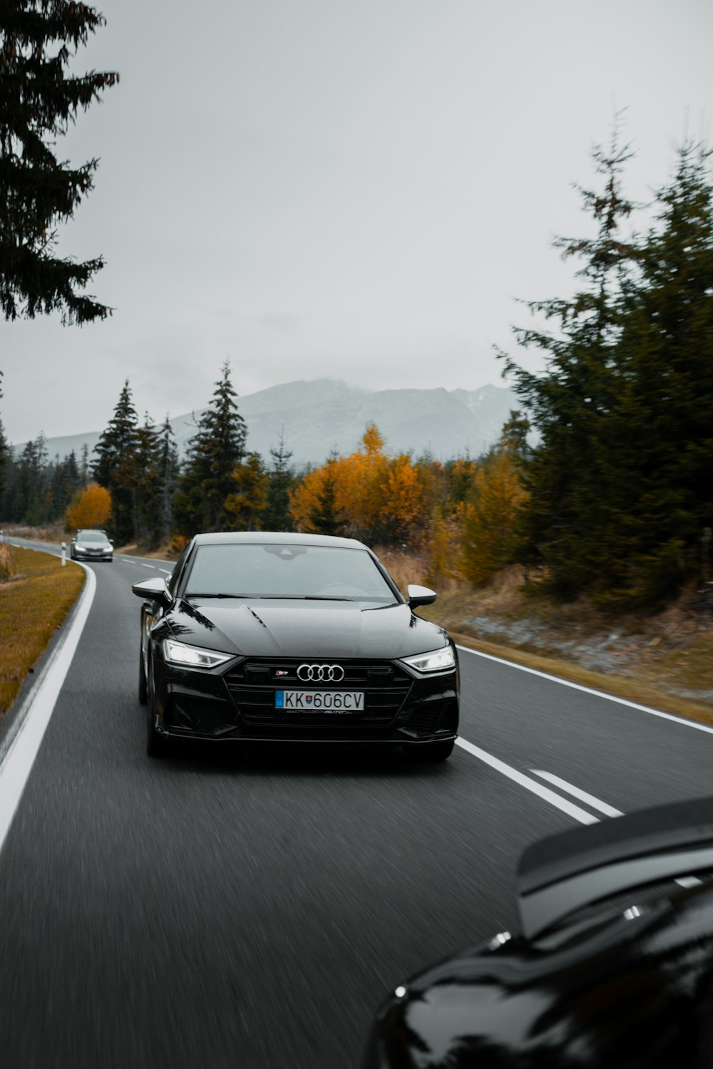 a black car on a road with trees on either side of it