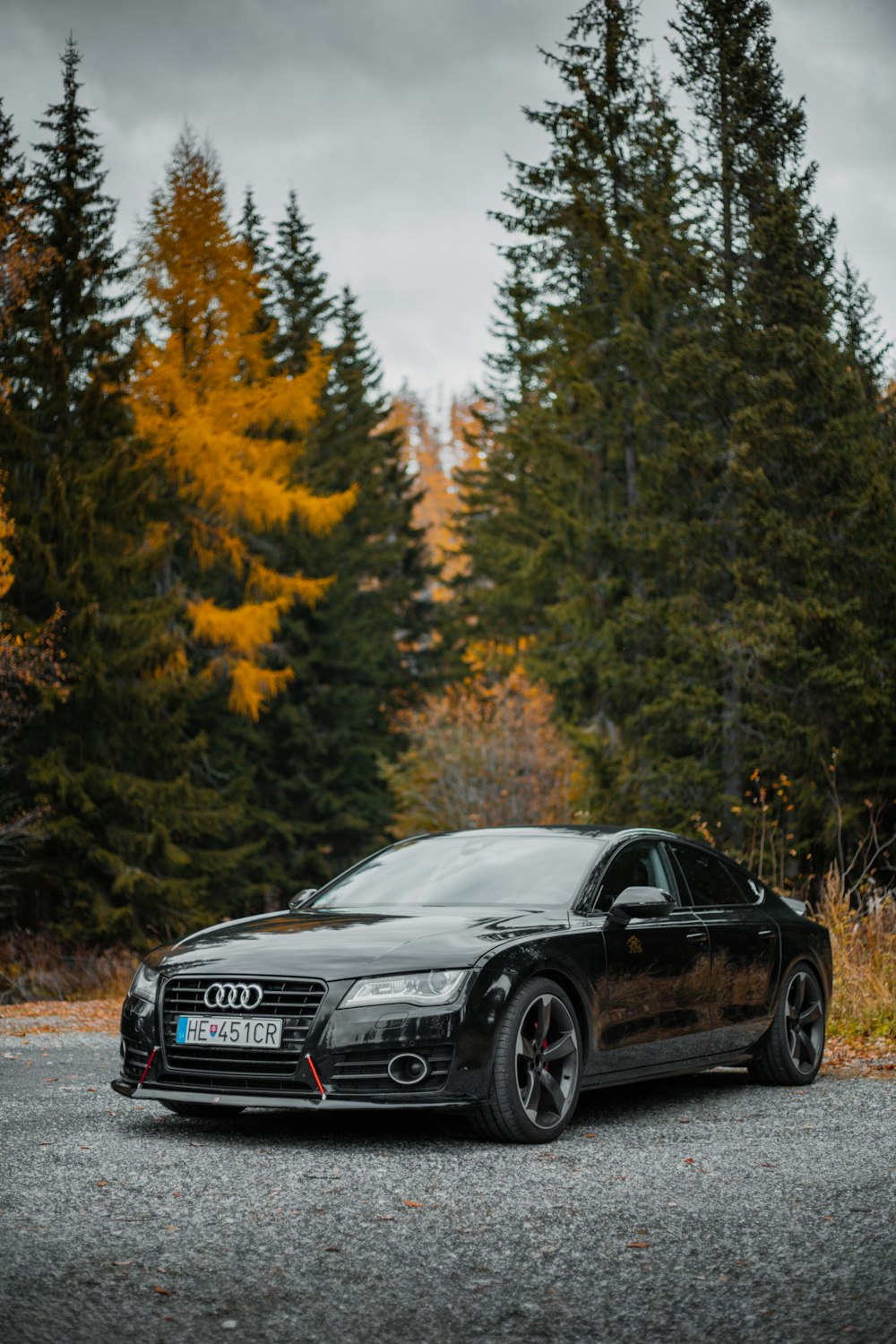 a black car parked in front of trees