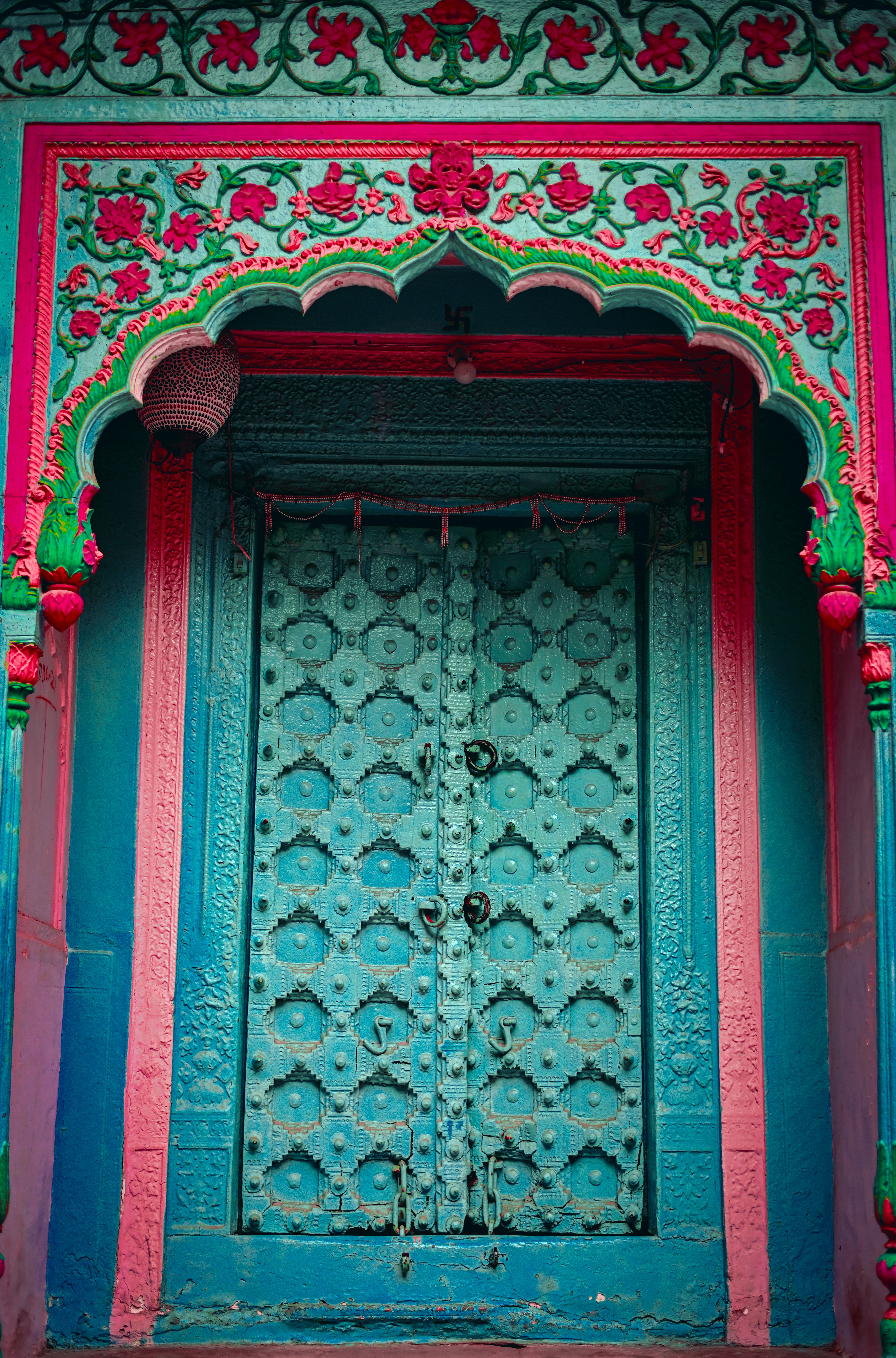 a door with a decorative frame
