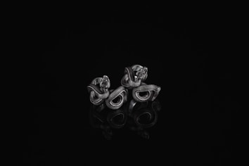 A pair of intricately designed silver rings featuring intertwining, snake-like patterns is set against a black background. The highly detailed metalwork includes textured surfaces that reflect light in various ways, adding depth and character to the pieces.