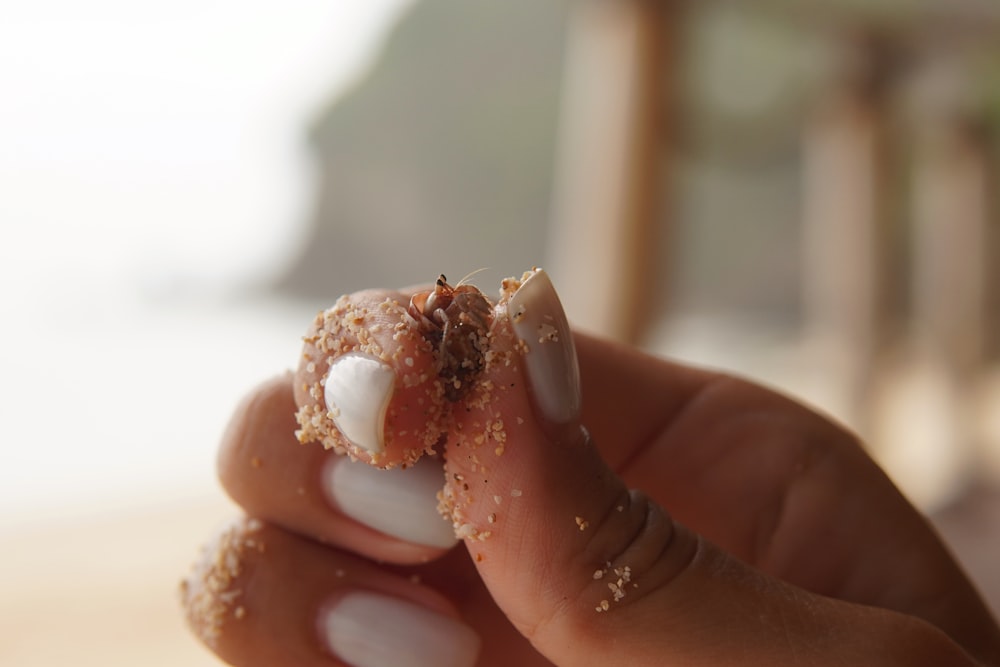 a person holding a chocolate covered donut