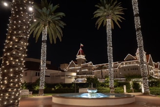 a large building with palm trees and a pool in front of it