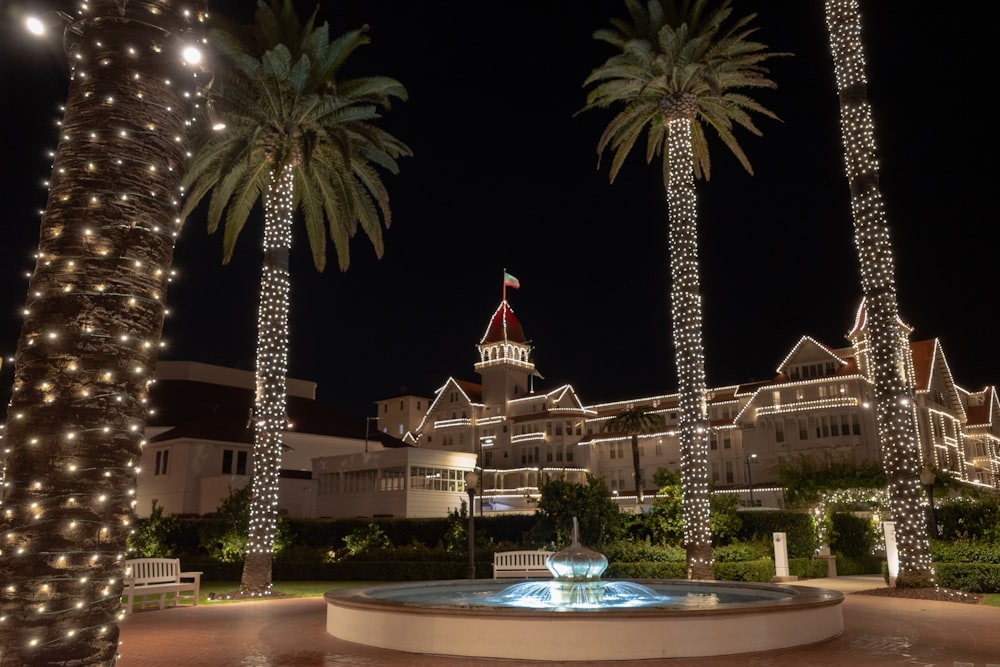 a large building with palm trees and a pool in front of it