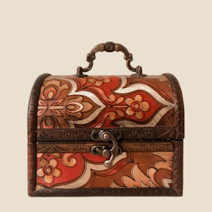 A vintage wooden chest overflowing with assorted antique items and trinkets.