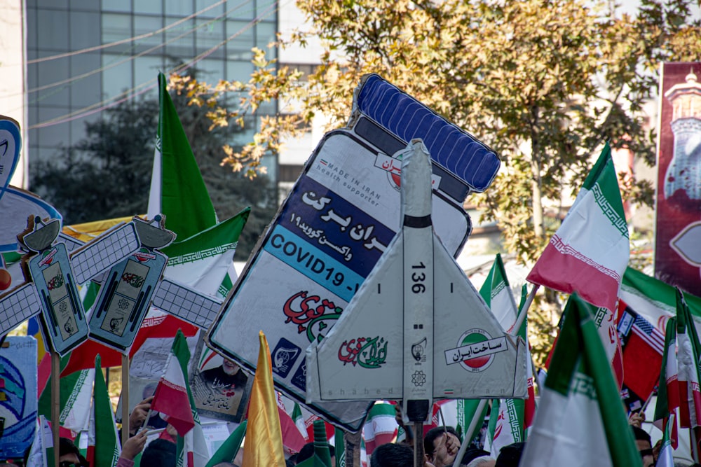 a group of people holding flags