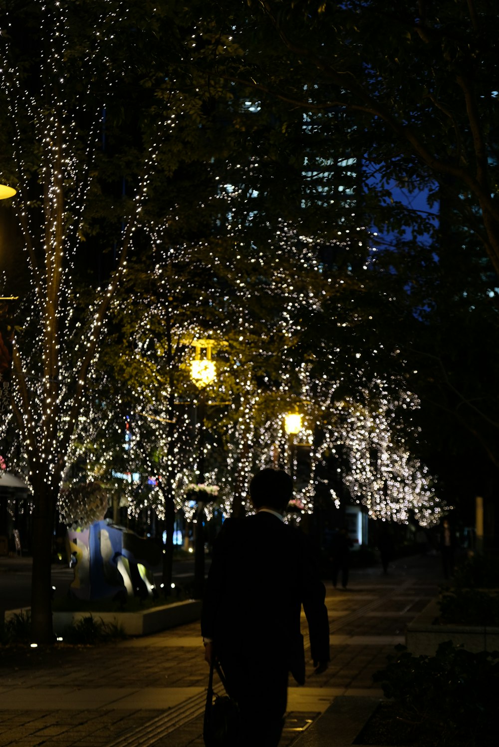 a person walking on a sidewalk with trees with lights