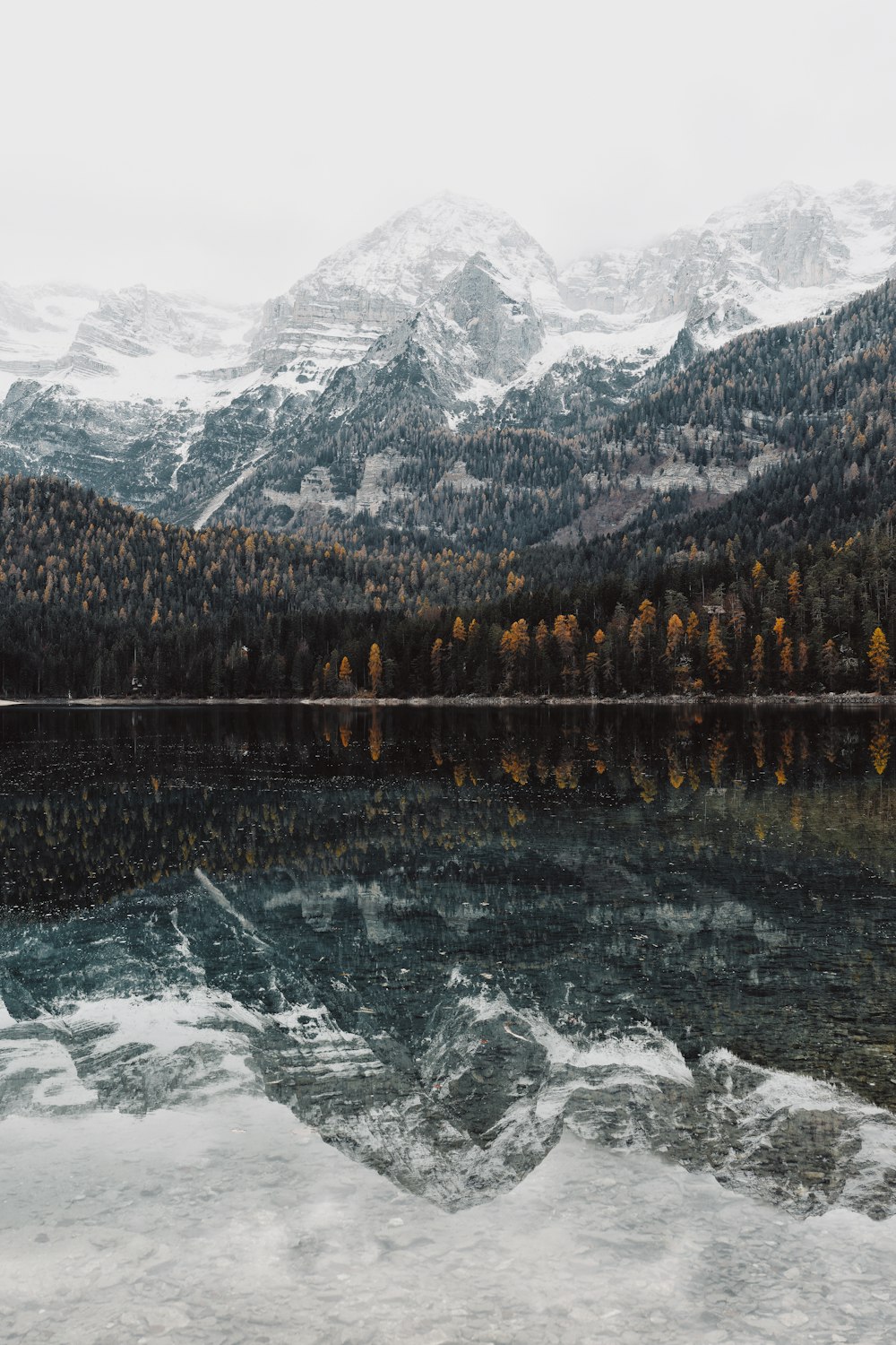 a lake with a snowy mountain in the background