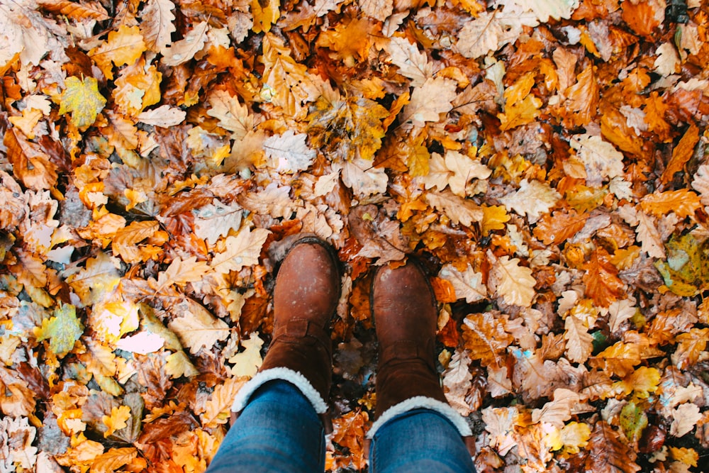 a person's feet on a pile of leaves