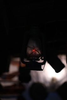 An antique lantern casting flickering orange light in a dark, wooded area