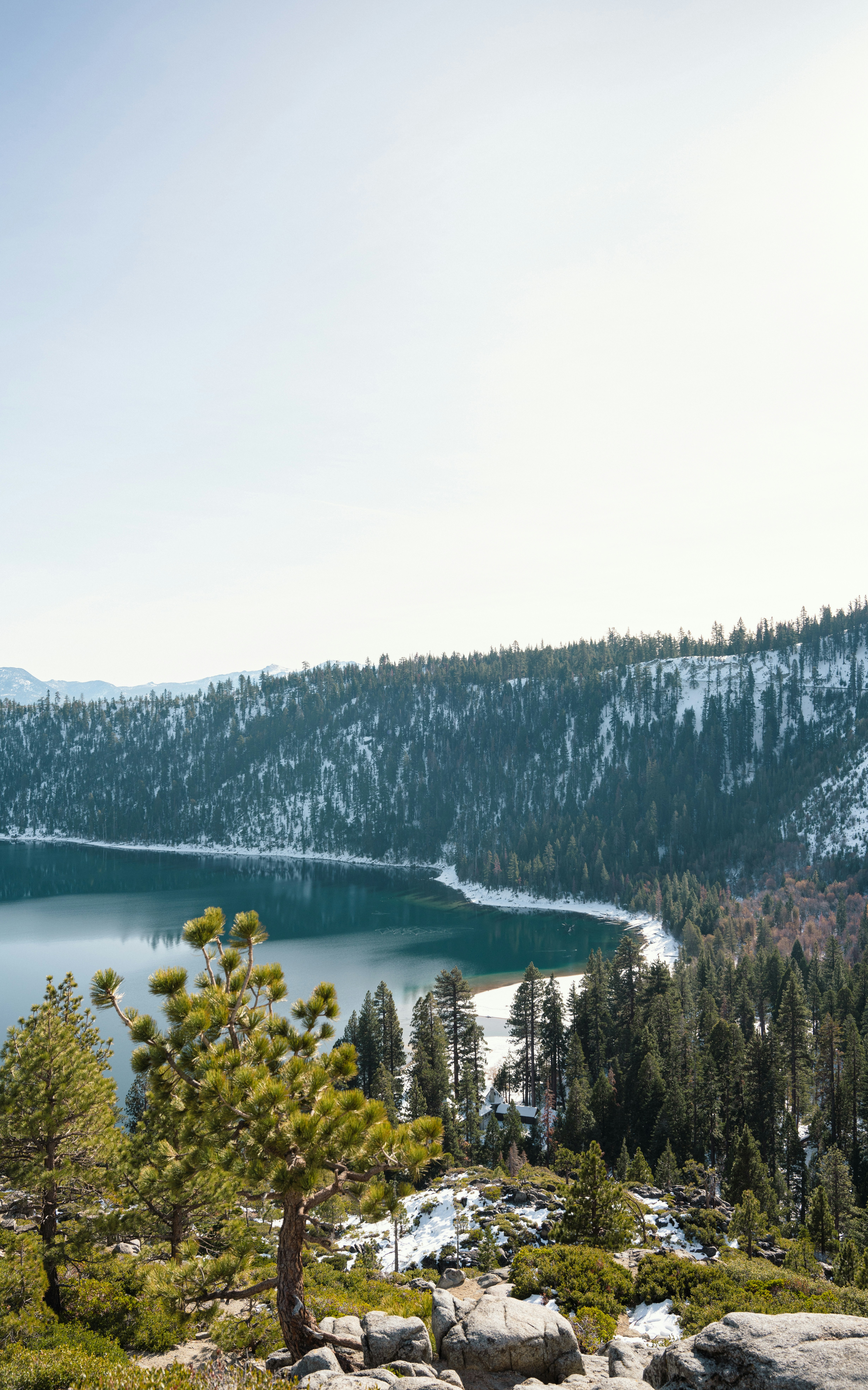 a lake surrounded by trees and mountains
