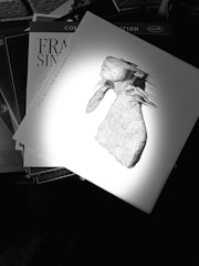 A monochrome image displays a stack of records with one prominently featuring an abstract line drawing on its cover, along with text including the artist and album name. The spotlight creates a dramatic contrast, highlighting the intricate details of the wireframe artwork.