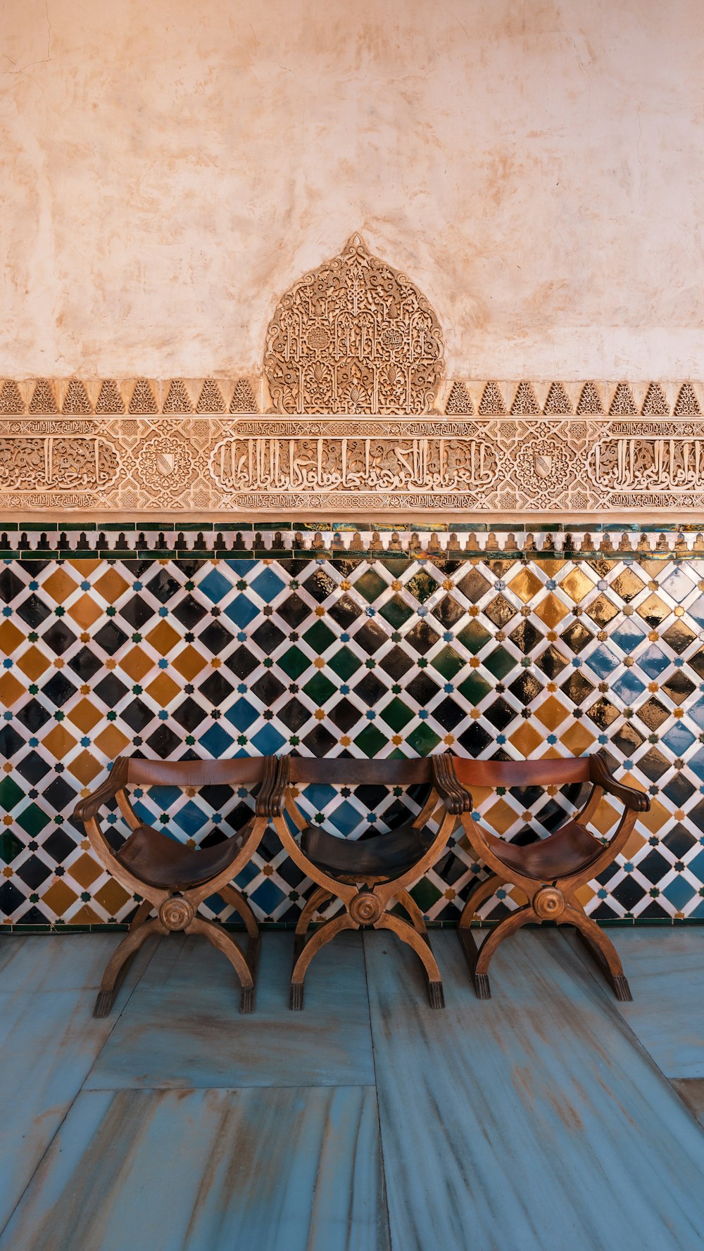 a group of wooden chairs