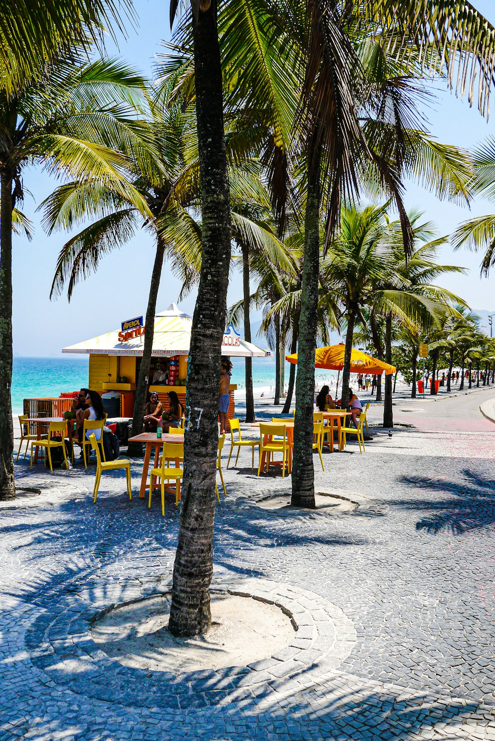 a beach with palm trees and a building