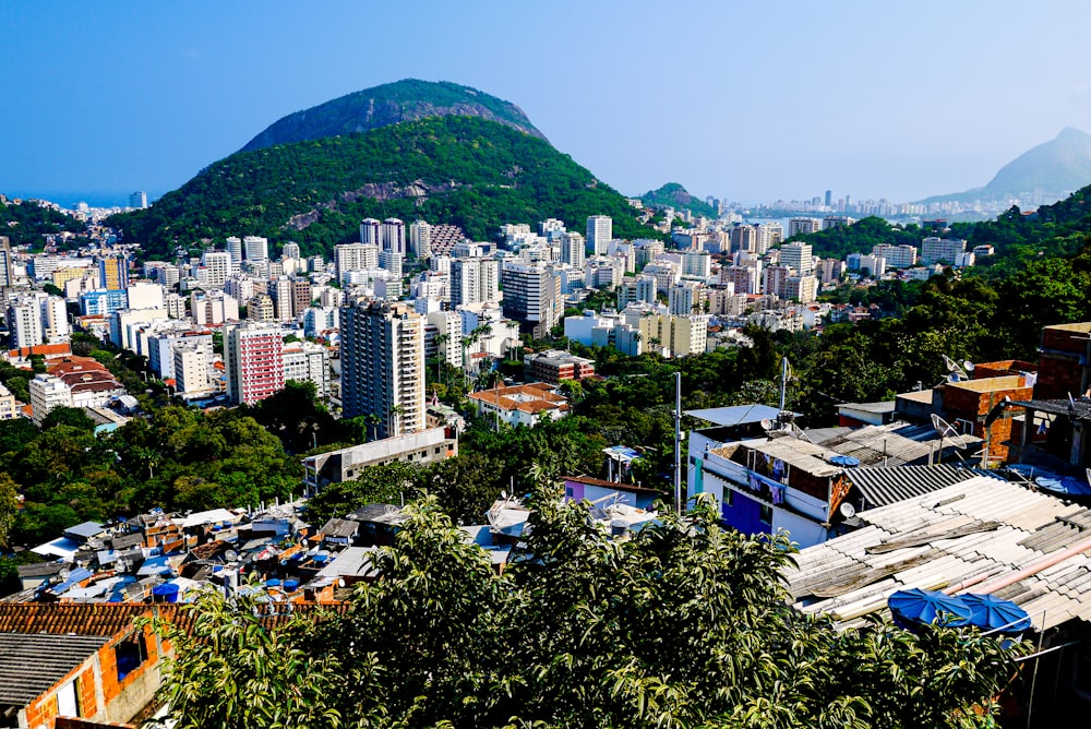 a city with a mountain in the background