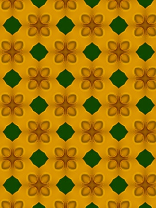 A seamless geometric pattern featuring interlocking floral motifs, with petals formed by overlapping shapes in warm shades of yellow and orange. The negative space between the flowers is filled with green, creating diamond-like formations that add depth and complexity.
