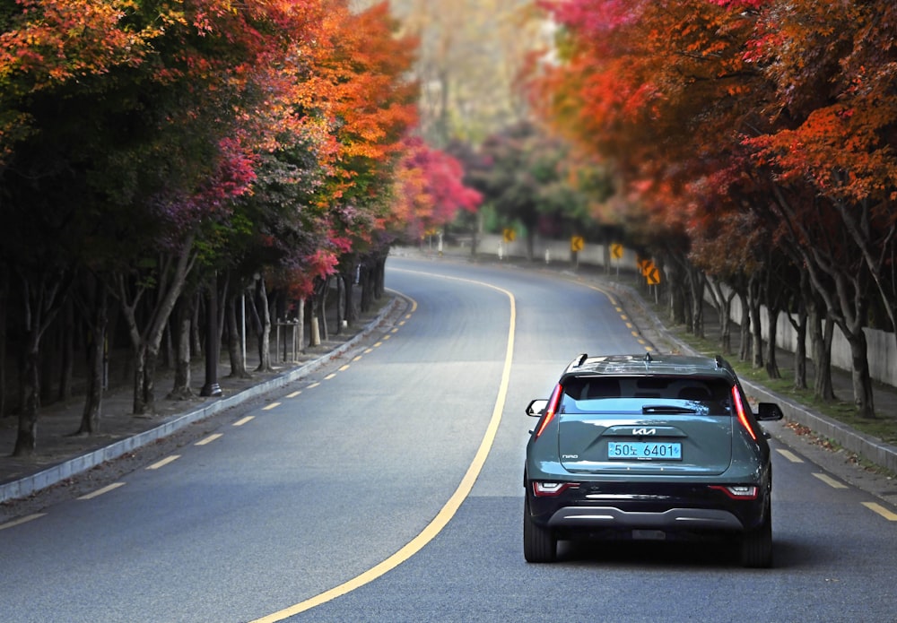 a car driving down a road with trees on either side of it