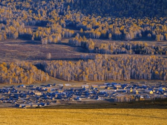 A small village nestled in a valley surrounded by dense forests, trees displaying autumn colors with yellow leaves. The landscape is bathed in soft, golden light, suggesting late afternoon or early evening. The structures in the village are mostly wooden houses with pitched roofs.