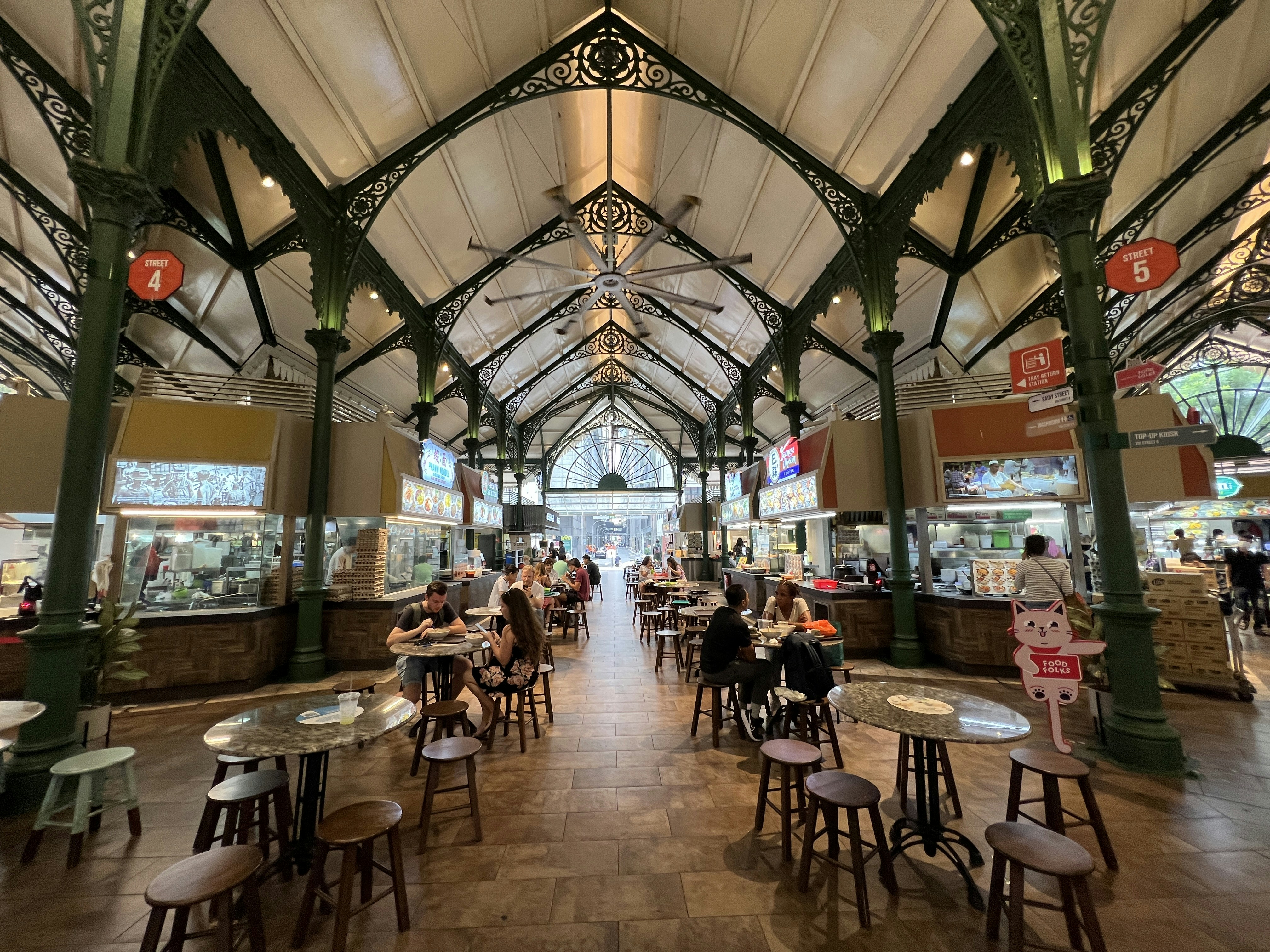 a group of people sitting at tables in a large building