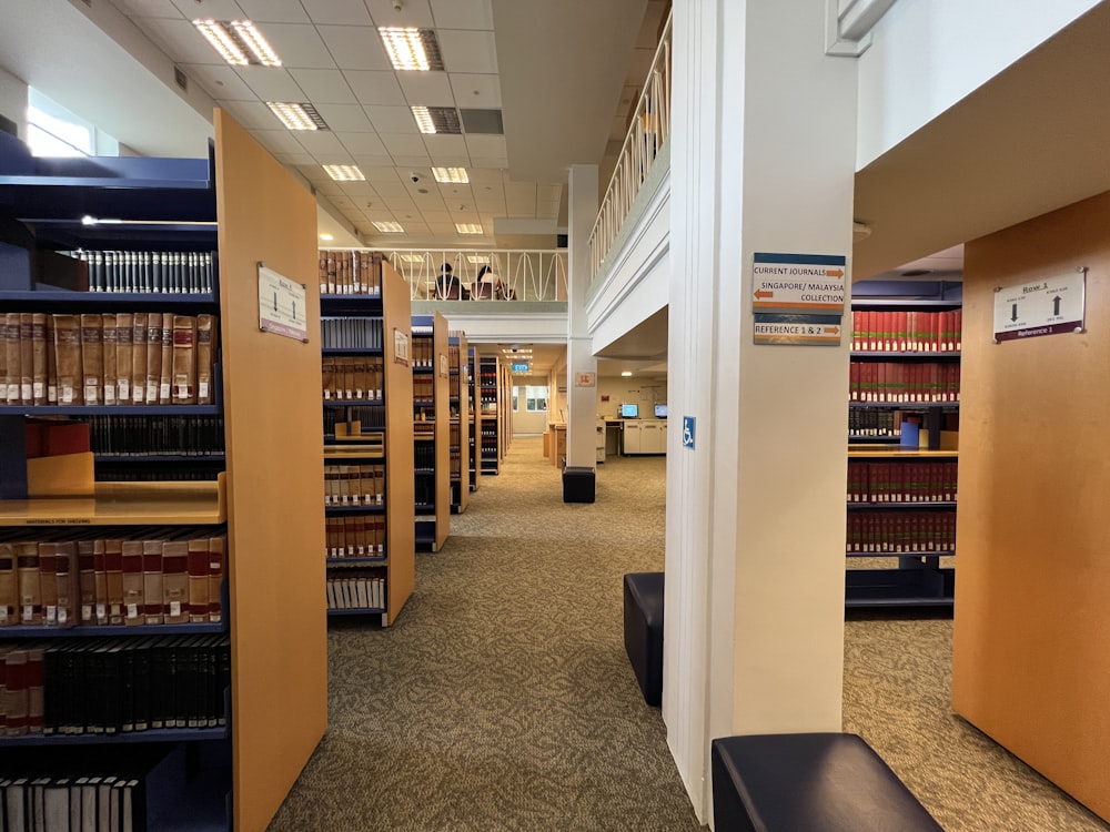 a library with books on shelves