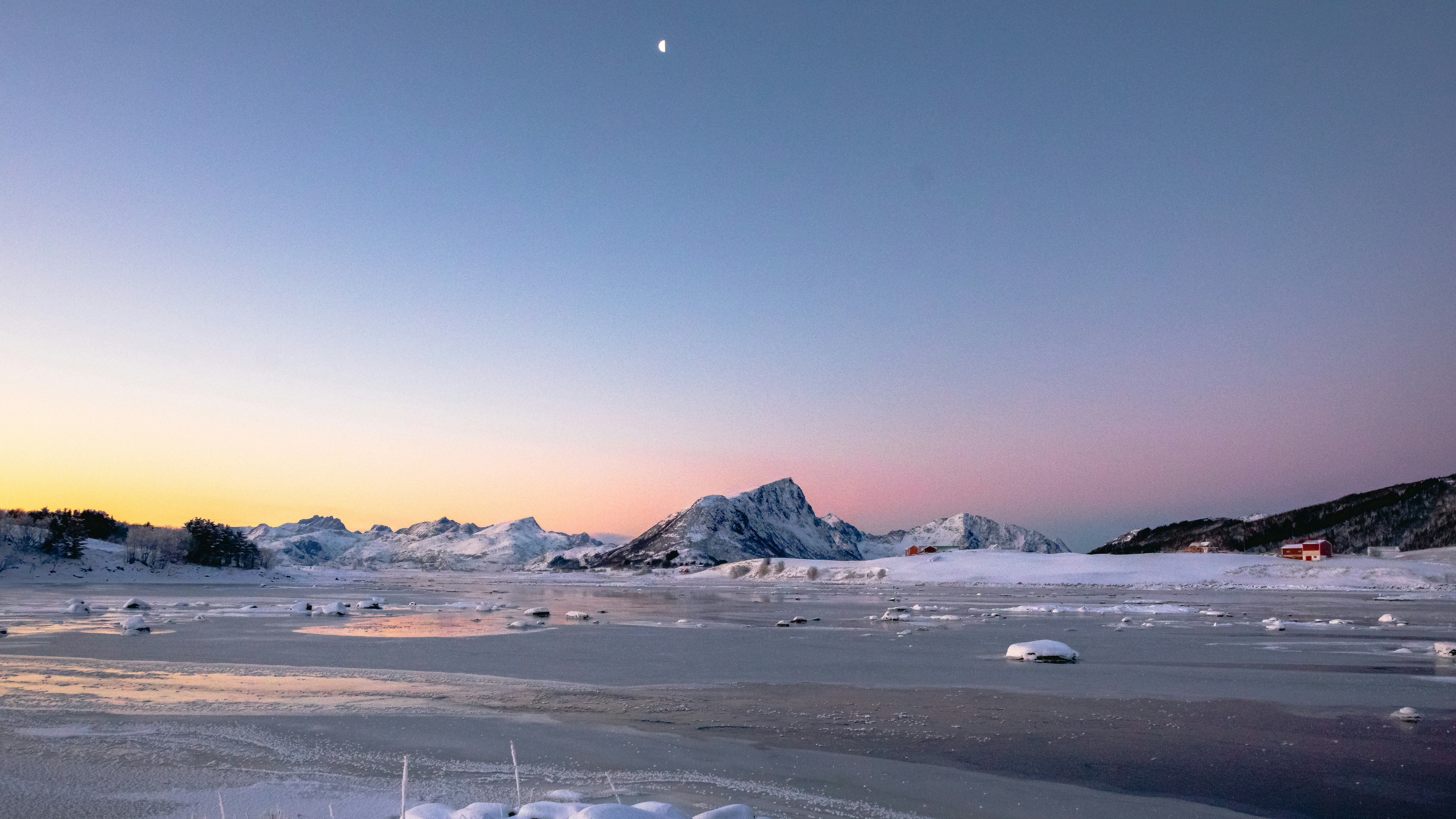 a snowy landscape with mountains in the background