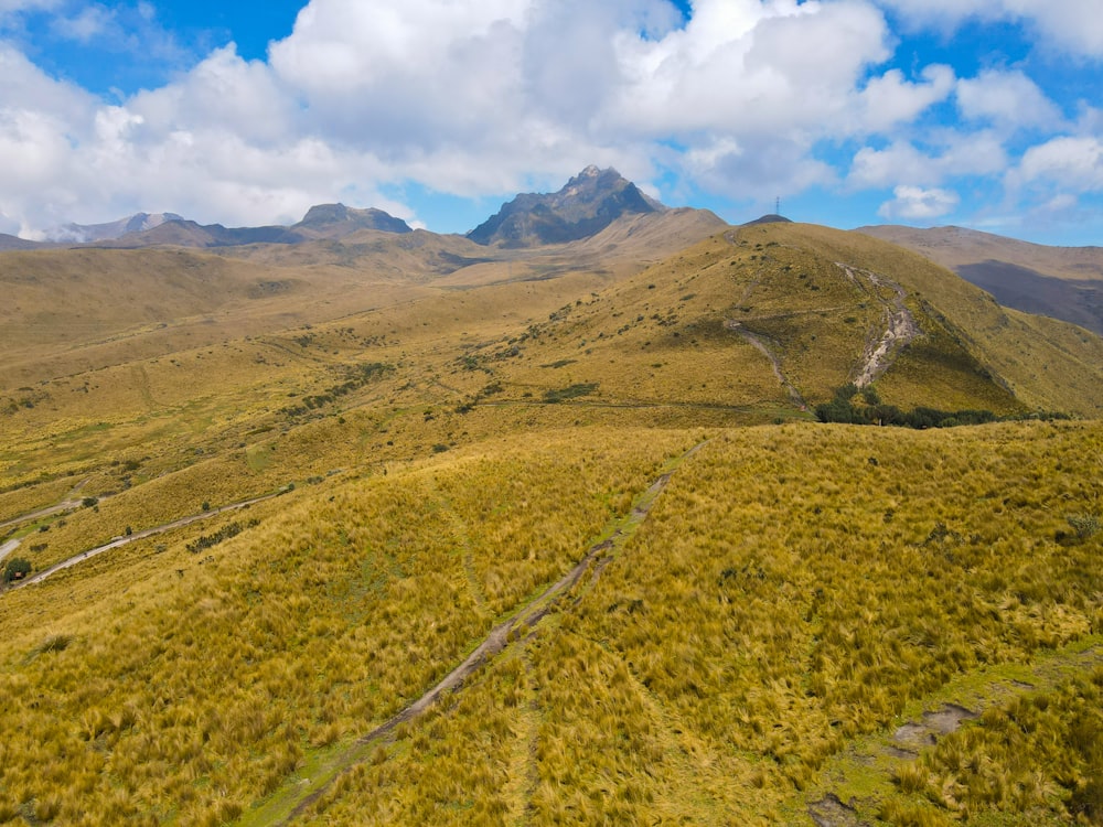 a grassy valley with mountains in the background