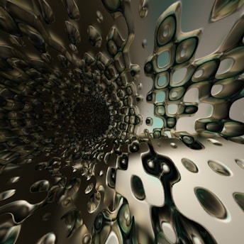 A surreal, tunnel-like structure with metallic, liquid-like textures. The design features abstract shapes and reflective surfaces, creating a sense of movement and depth. The image has a glossy finish with patterns that resemble interconnected cells or honeycombs.