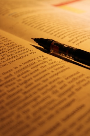A close-up view of a book with a pen placed diagonally on top of the open pages. The text is in focus at the top and gradually becomes blurred towards the bottom of the page. Warm lighting creates a cozy and intimate atmosphere.