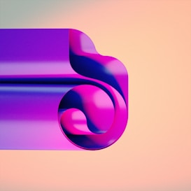 A vibrant, abstract shape resembling a curled ribbon or scroll with smooth, flowing curves and a glossy texture, predominantly in shades of purple and pink against a soft gradient background.