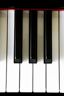 Close-up view of piano keys with a pattern of alternating black and white keys. The image is well-lit, highlighting the contrast between colors. A hint of red fabric is visible on the upper edge.