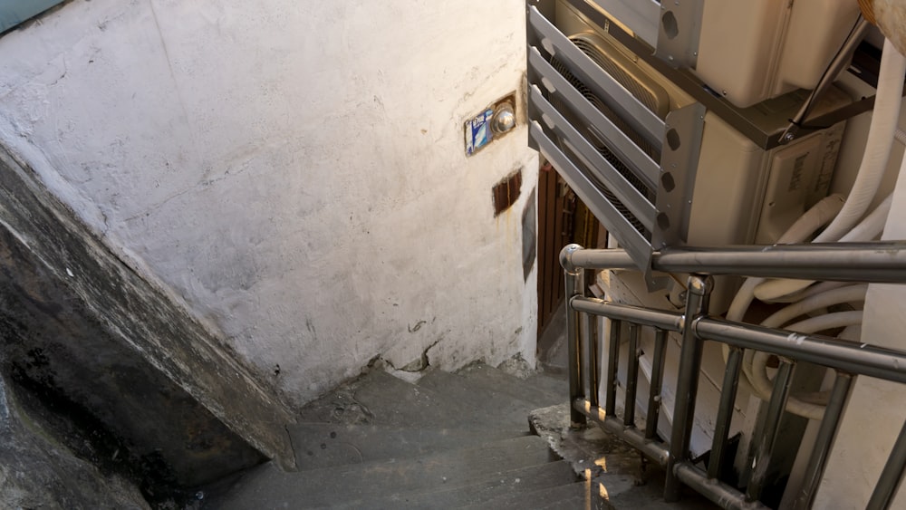 a metal staircase in a building