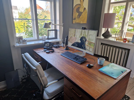 Veterinarian attending an online class on a laptop in a cozy home office