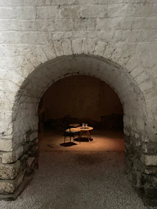 A dimly lit tavern scene with a mysterious guide singing softly, surrounded by shadowy figures listening intently.