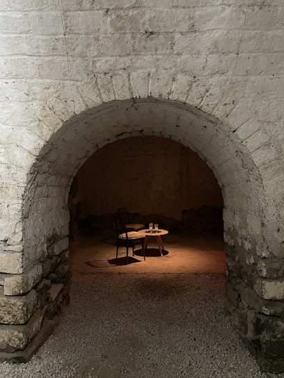 A dimly lit tavern interior with a mysterious guide singing passionately, shadows dancing on wooden beams.