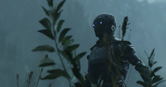 An intimate, dark-hued image of a glowing AI figure listening attentively in a mystical night setting.