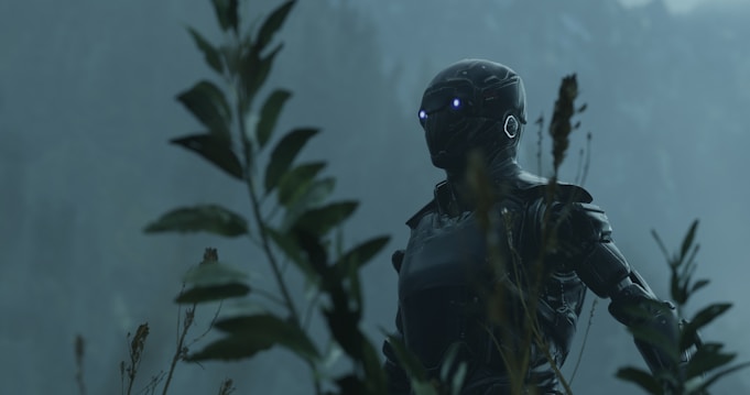 A robotic figure with glowing eyes is positioned among tall plants in a foggy, natural setting, evoking a sense of mystery and technology blended with nature.