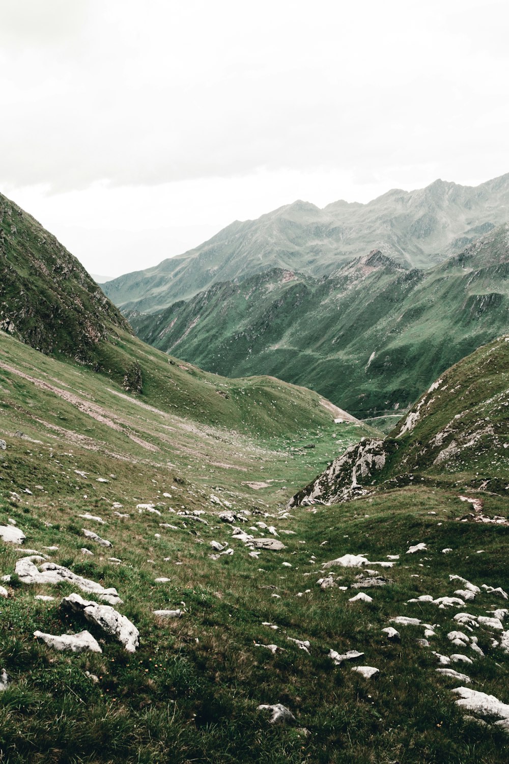 a grassy valley with rocks and a river running through it