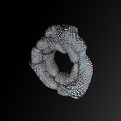 An abstract 3D structure with a torus shape, composed of intricate, textured patterns in a metallic and organic style, set against a dark gradient background.