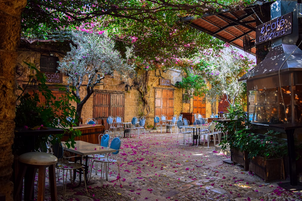 a courtyard with tables and chairs